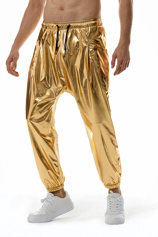 Pantalones de chándal dorados para hombre, Ropa de baile brillante para correr, traje de Hip Hop, 2024