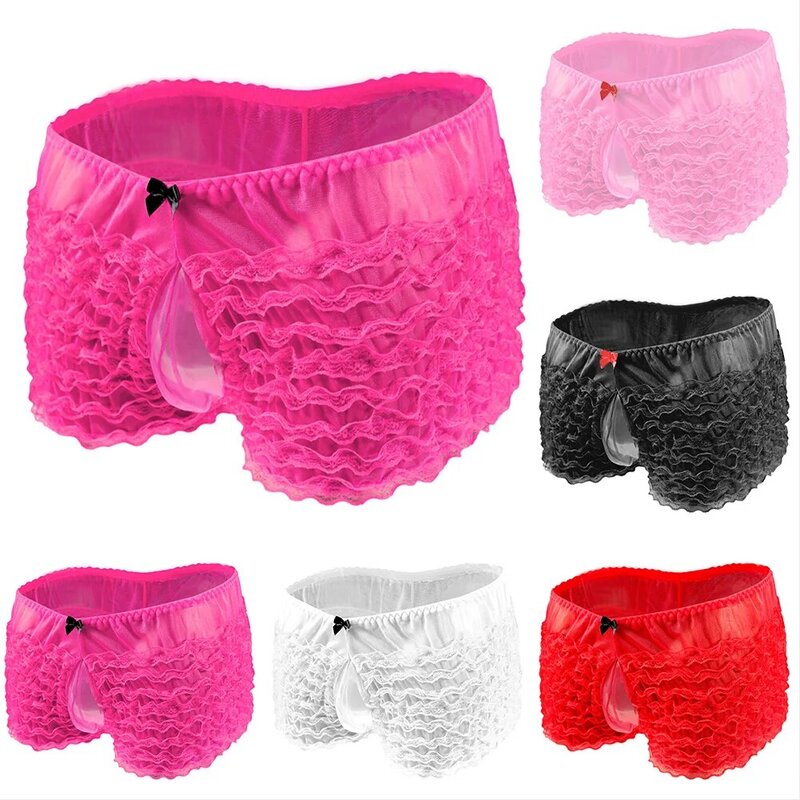 Mens Sissy Pouch Panties Elastic Underwear Sexy Lace Briefs Ultra-Thin Knickers Boxer Shorts Gay Male Breathable Underpants