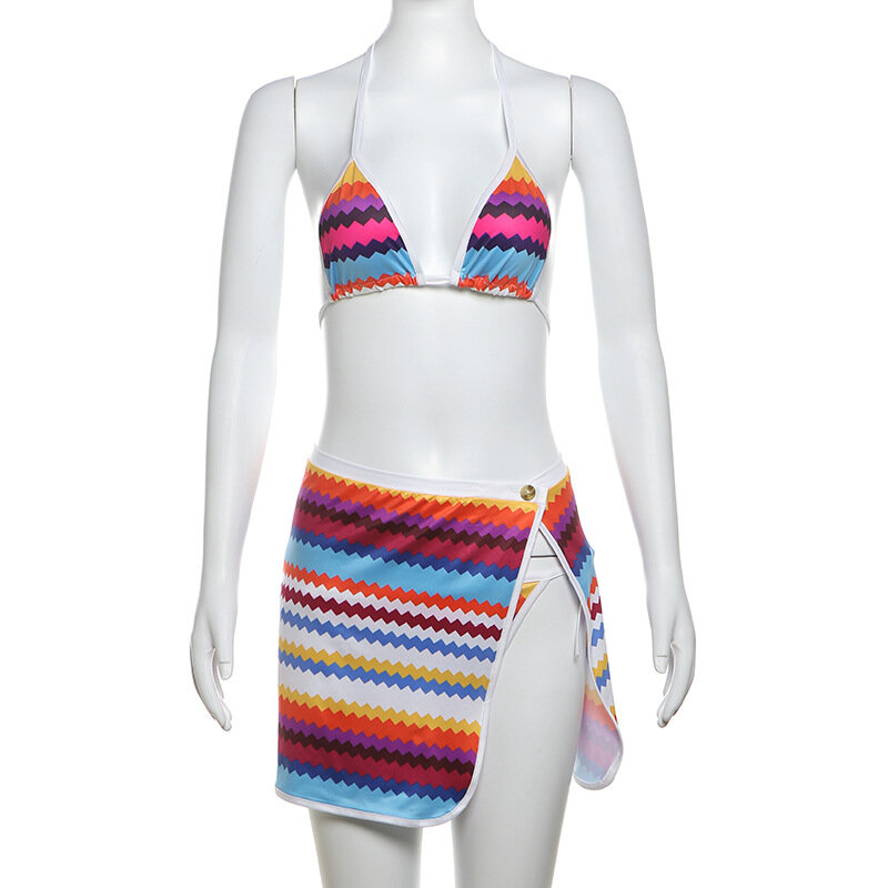 Bikini rayé ondulé coloré pour femmes, ensemble 3 pièces, soutien-gorge sexy à lacets, Y-+ string + mini jupes fendues, tenues de plage de vacances imbibées