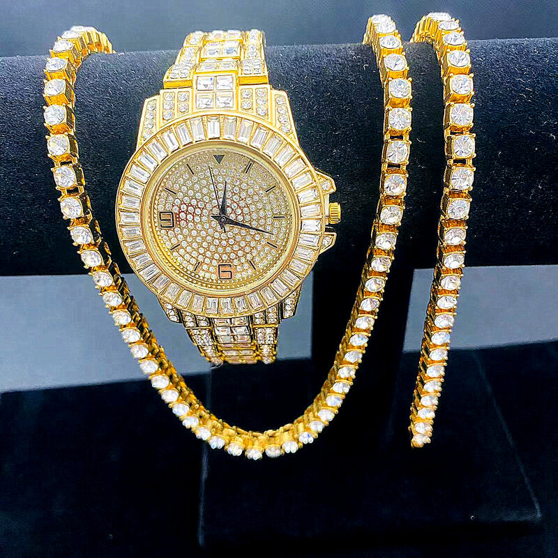Corrente de tênis hip hop 5mm 3 pçs kit relógio colar pulseira bling cristal gelo para fora tênis strass correntes para mulher jóias masculinas