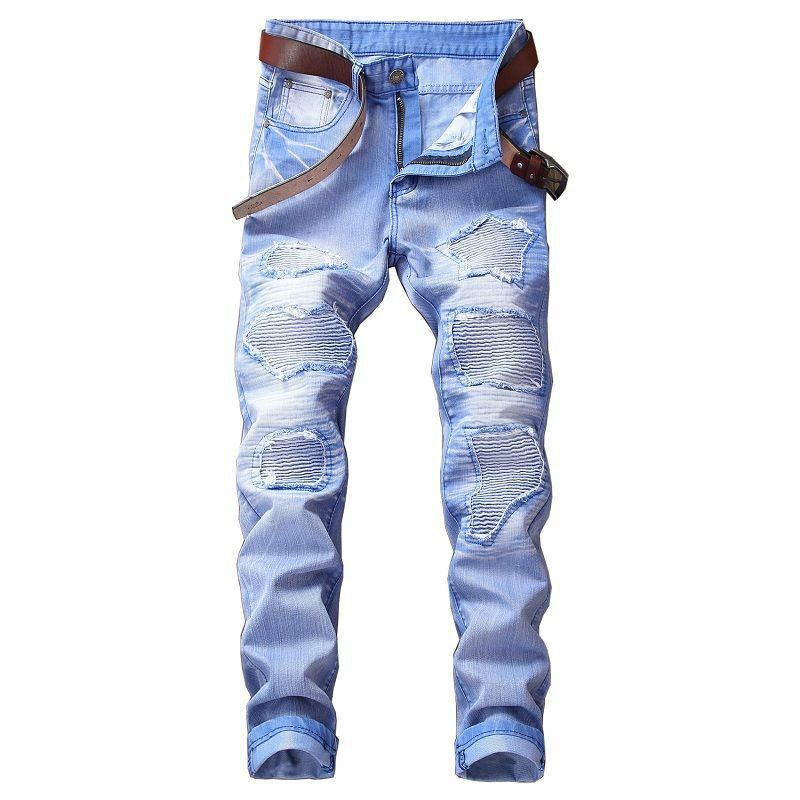 Pantalones vaqueros de motocicleta para hombre, Jeans con agujeros plisados, decorativos, informales, azul, blanco, rojo, verde, amarillo, 2022