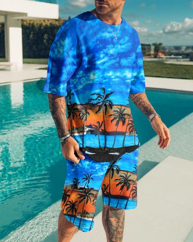 Fato de treino de paisagens de praia havaianas masculino, shorts de manga curta com gola O, roupa esportiva 2 peças, camiseta fashion, terno casual