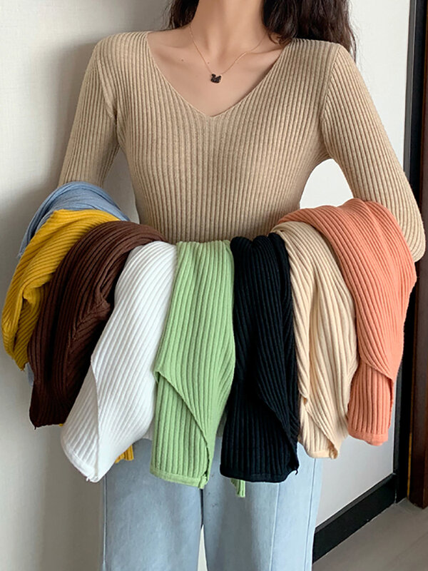 2024 Basic B-Ausschnitt solide Herbst Winter Pullover Frauen weiblich gestrickt Rippen pullover schlanke Langarm Badycon hochwertige Pullover