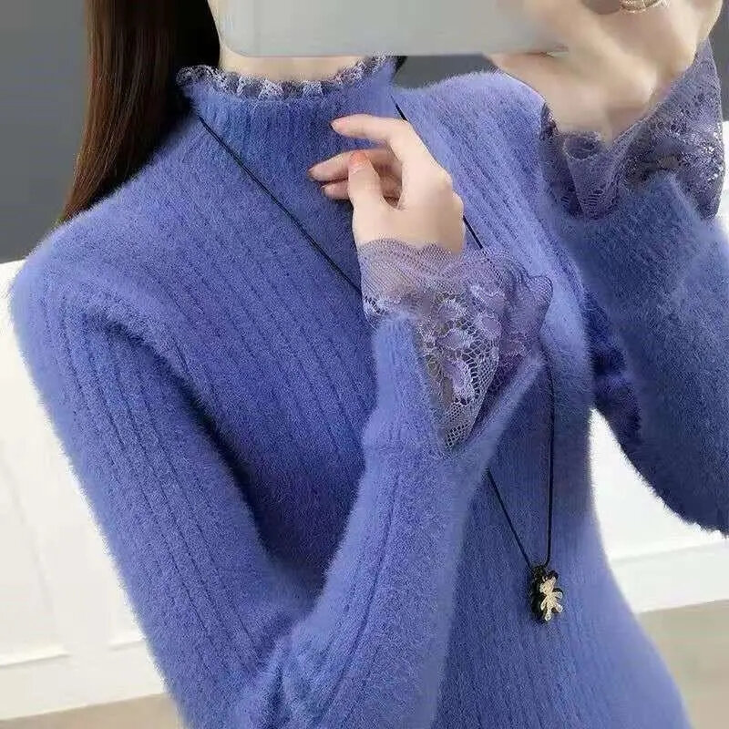 Winter Clothes Women Korean Fashion Slim Sweater Lace Design Turtleneck Warm Basic Long Sleeve Top Ladies Sweater Pull Femme