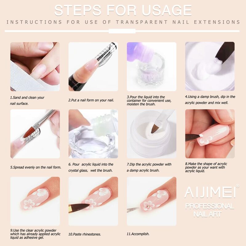 AIJIMEI – Kit d'ongles en poudre acrylique, avec monomère liquide professionnel, transparent, ensemble d'outils pour extensions d'ongles