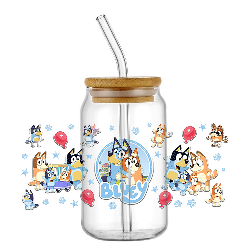 UV DTF Cup Wrap Transfers 16oz Cartoon Dog Sticker decalcomanie UV DTF Cup Wraps trasferimenti per bicchieri di vetro