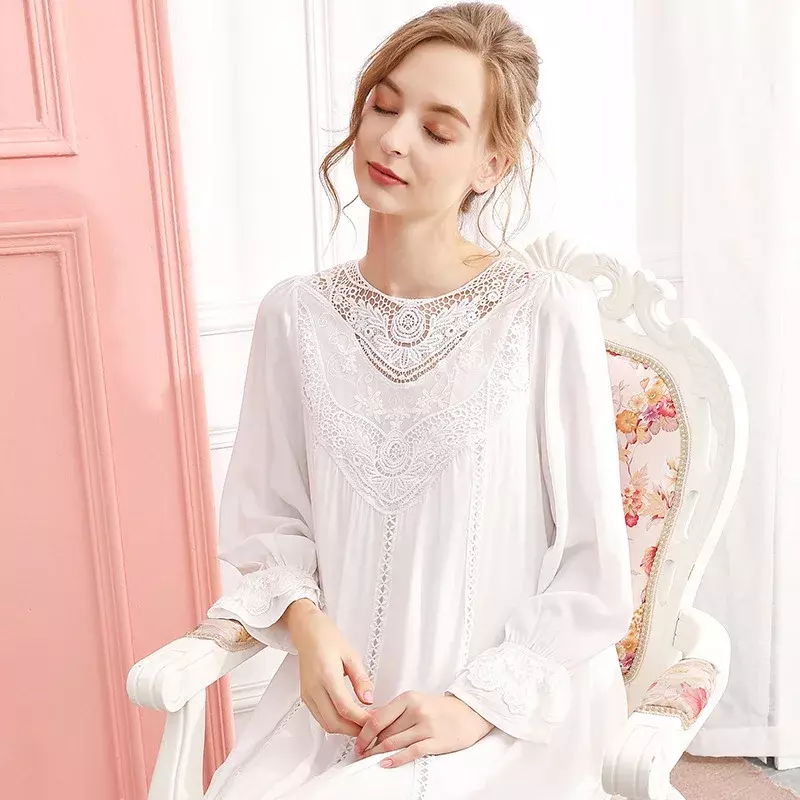Винтажная женская ночная рубашка с длинным рукавом, Дамская Длинная Ночная сорочка с вырезами на весну и осень, ночная рубашка во французском стиле для женщин