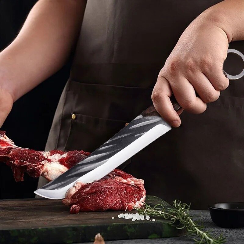 Cuchillo de cocina de hueso forjado, cuchillos de corte, cuchillo de carne de pesca, herramienta de cocina de madera colorida, cuchillo de Chef, cuchilla afilada, tijeras de hueso