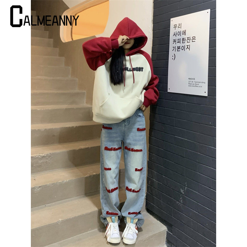 MODE Korea กางเกงยีนส์สตรี Y2K ปักกางเกงยีนส์ผู้หญิงสูงเอวแนวโน้มจดหมายตรงกางเกงกระโปรง Streetwear Denim กางเกง
