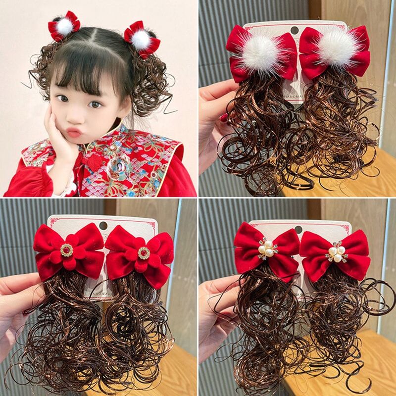 Klip rambut gaya Cina merah liburan dekorasi rumbai aksesoris rambut anak Wig bayi jepit rambut busur jepit rambut Tahun Baru