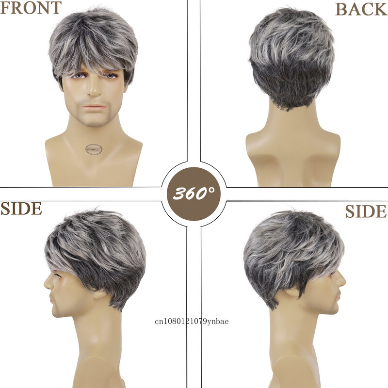 Male Mix Grey Wigs Synthetic Hair Short Wig with Bangs for Men Daddy Hairstyles Gifts Daily Cosplay Costume Party Heat Resistant