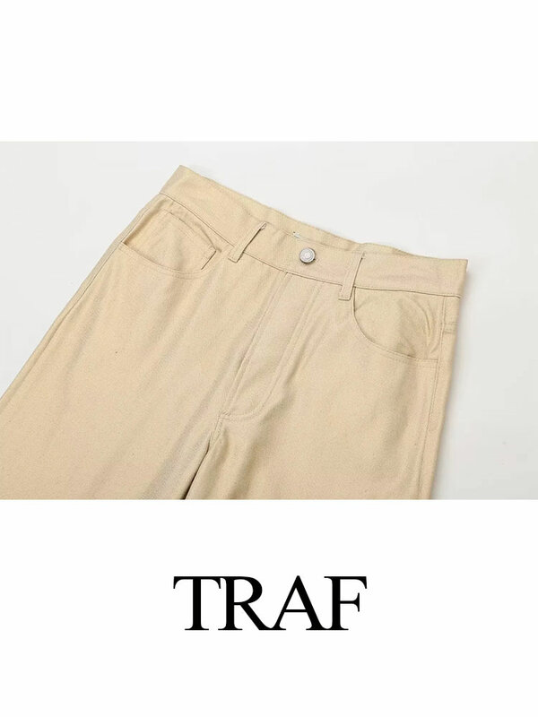 TRAF-بنطلون نسائي واسع الساق عالي الخصر ، بنطلون طويل فضفاض ، جيوب بسحاب ، كاجوال ، متعدد الاستخدامات ، أحادي اللون ، الشارع ، أنثى ،