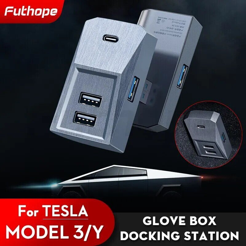 Hub USB Glovebox do Tesla Model 3 Model Y 2021-2023 cyfrowy Splitter z wyświetlaczem stacji dokującej do Tansmission danych