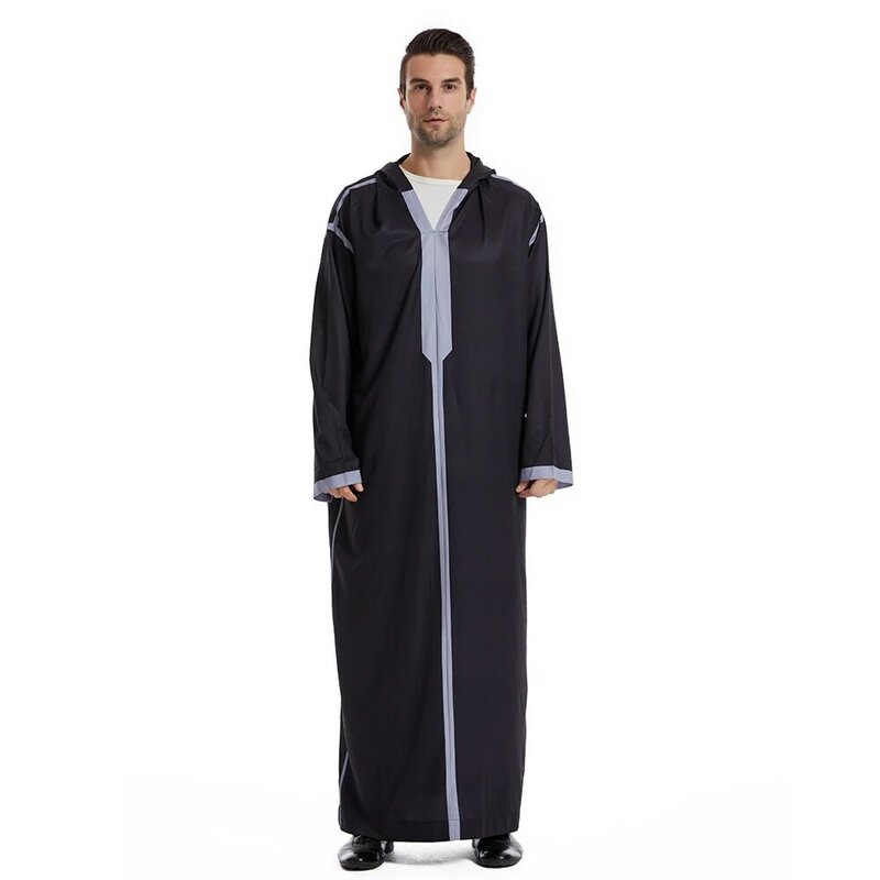 2024 Men Muslim Thobe Middle East Jubba Thobe Long Sleeves Islamic Robe Men Muslim Dress Saudi Arabic Hooded Thobe Abaya Male