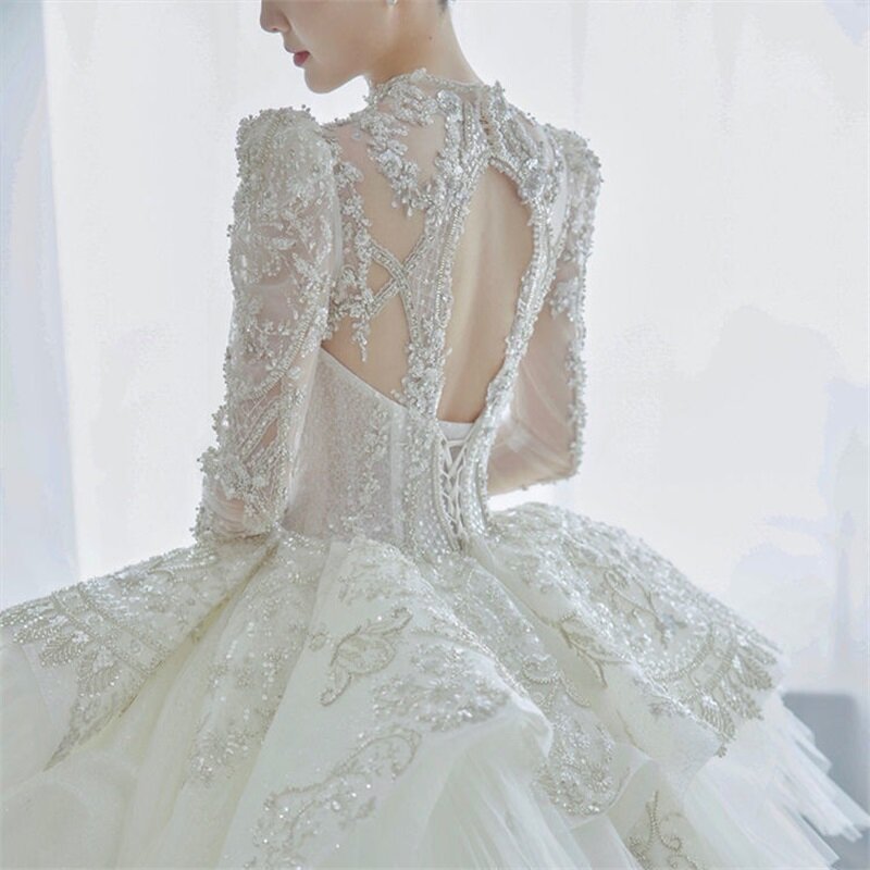 Luxus Kristall Ballkleid Hochzeit Kleid Prinzessin Perlen Pailletten Dubai Arabien Puffy Volle Hülsen Brautkleid Robe De Mariée