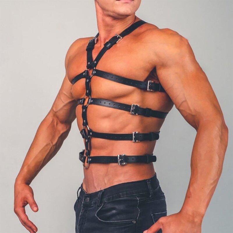 Sangles réglables Clubwear Costumes d'auto-bondage Harnais poitrine en cuir pour hommes
