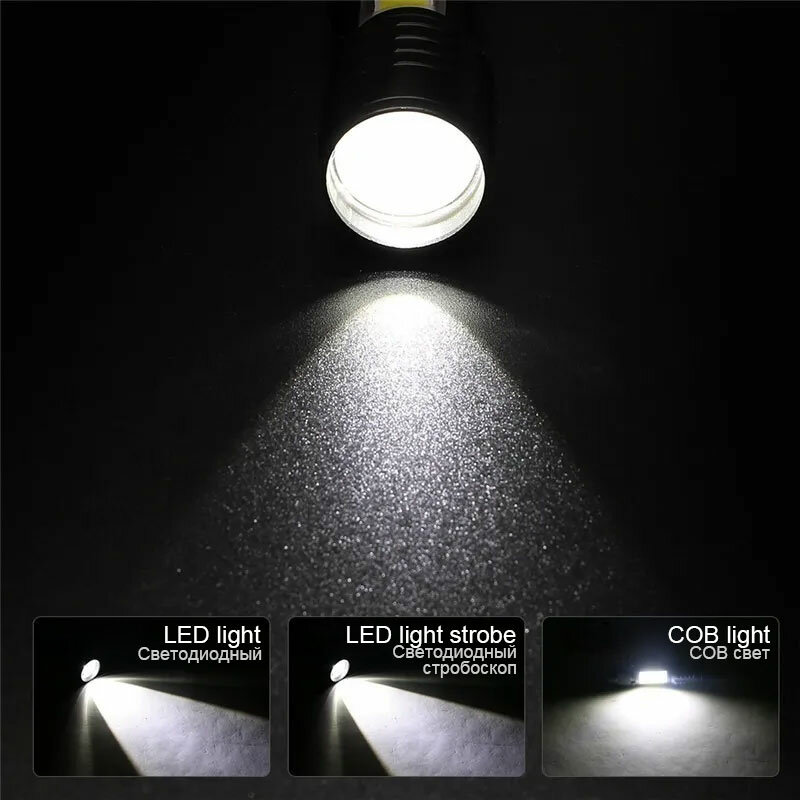 Senter LED dapat diisi ulang dengan lampu samping COB, Senter berkemah luar ruangan portabel pengaturan multifungsi pengisian daya USB