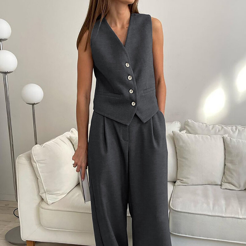 Women Pants Sets Sleeveless Vest Single Breasted Wide Leg Pants Cardigan Two Pieces Office Lady Pockets 2024 Solid Sashes