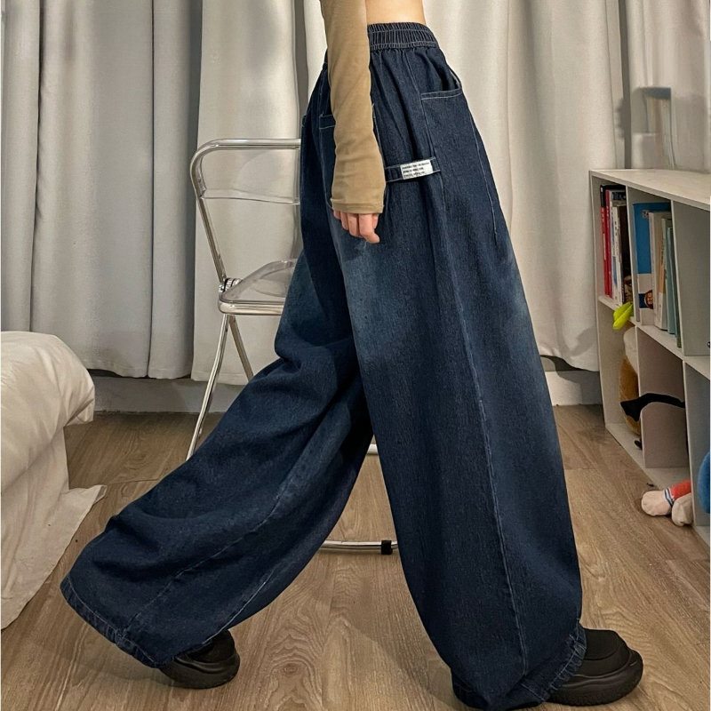 Elastic Waist Oversized American Trouser Denim Wide Leg Streetwear Straight Basic Pants Y2k Spring Women Vintage Baggy Jeans