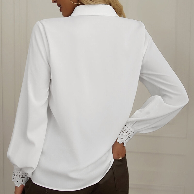 Jesienna luźna koszula damska z długim rękawem ubrania Vintage jednolity satynowa bluzka z koronkową bluzą 28614