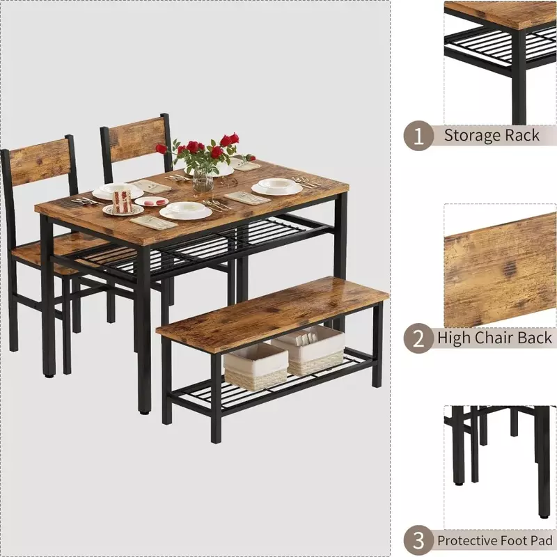 4 Pieces Dining Table Set, Industrial Dining Table with Bench and Chairs for 4, Metal Frame, Kitchen Table Set with Storage Rack