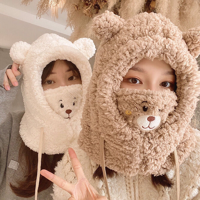 Hat Turn Towel One Women Plush Thickened Cute Bear Plush Lamb Cashmere Cold Proof Student Girl Ear Mask Winter Warm Khaki