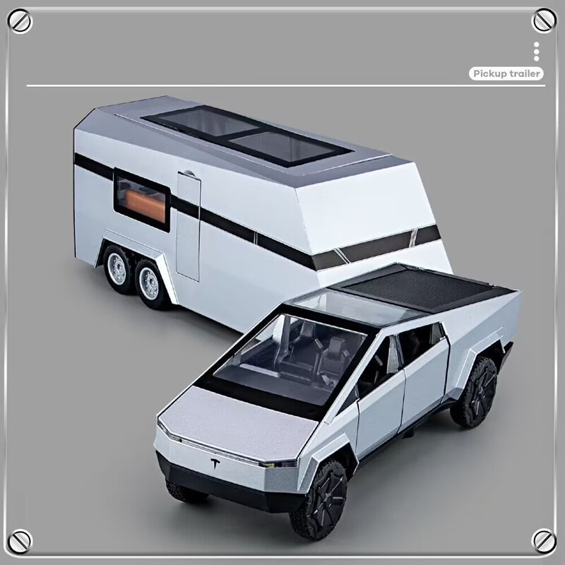 1/32 Tesla Cybertruck Pickup Trailer modello di auto in lega diecast giocattolo in metallo veicoli fuoristrada modello di camion suono e luce regali per bambini