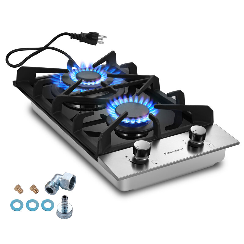 Tieasy 12 inch 2 Burner Propane Built-in Tempered Glass with Thermocouple Protection Gas Cooktop GC001-122G