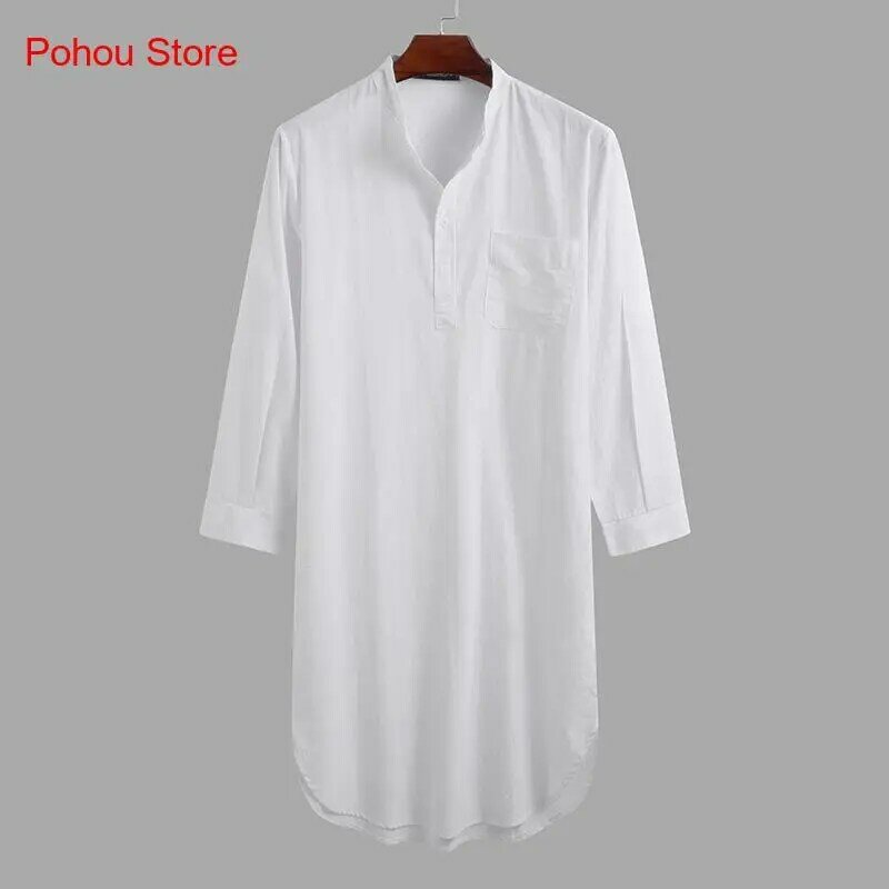 Spring and Autumn Muslim Arab Nightgown Long Sleeved Button Solid Color Shirt Long Robe for Men