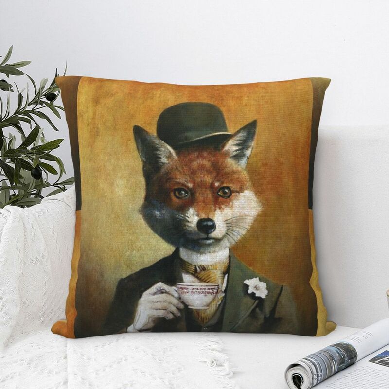 Teatime-funda de almohada cuadrada Mr Fox, cojín de poliéster con cremallera decorativa, cómoda, para el hogar y el dormitorio
