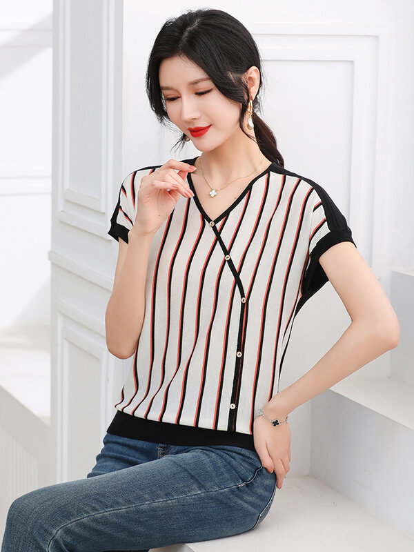 Summer Knitted T Shirt Women Sweater Pullovers Clothes For Women Quality Tees Streak Top Short Sleeve Casual Women's T-shirt