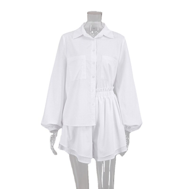 Autumn Ruffled Shorts Two-piece Sets 2023 Summer Cotton Linen Suit Women Casual Fashion Long-sleeved Blouse Office 2 Piece Set