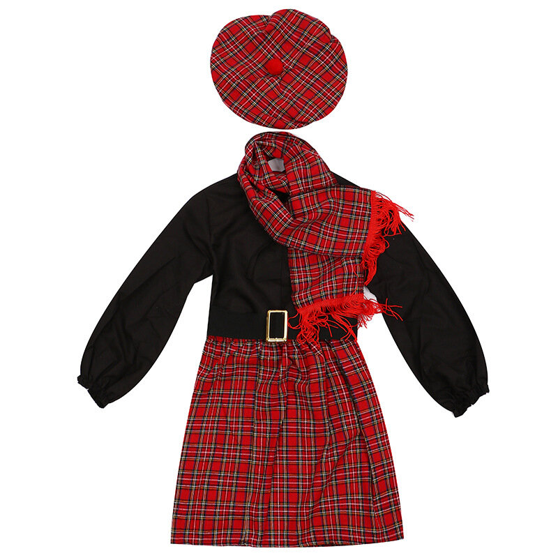 Gaun anak Skotlandia Kostum Halloween untuk anak perempuan anak laki-laki Scots Kilt pesta karnaval Cosplay Festival rok kotak-kotak topi syal