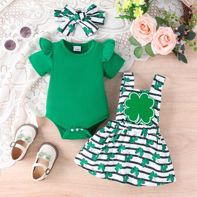 Conjunto de ropa para bebé y niña, Pelele de manga corta con estampado de trébol y rayas, falda con tirantes y diadema