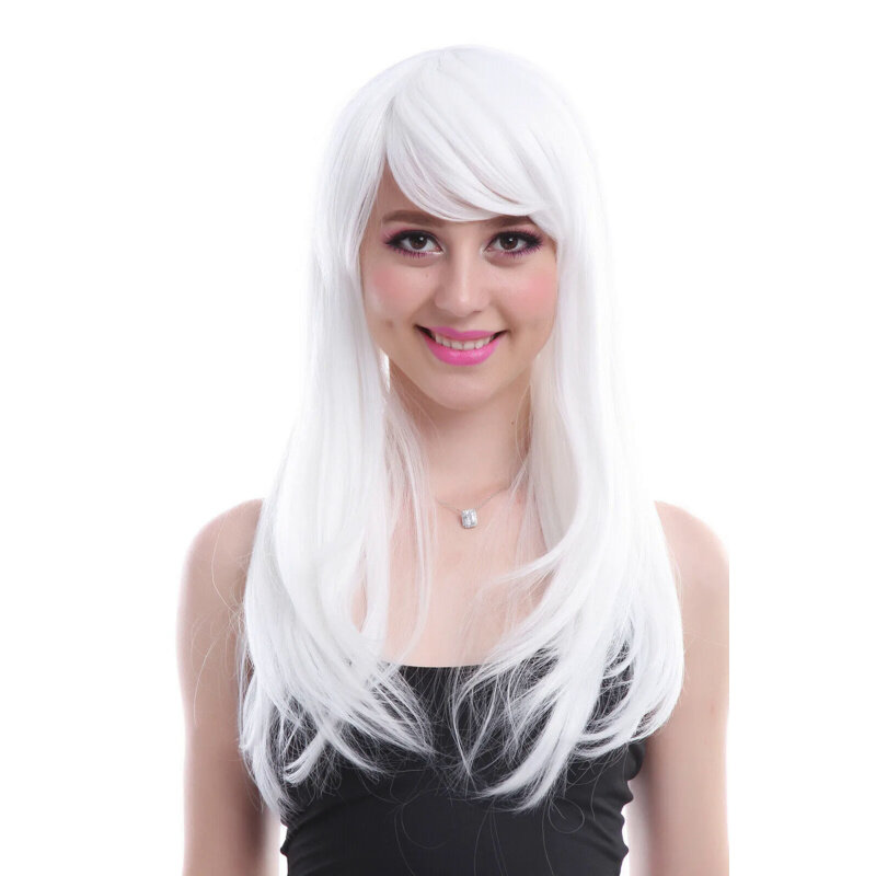 Peruca gradiente lisa longa branca para mulheres, cabelo de festa cosplay, peruca completa elegante, atacado