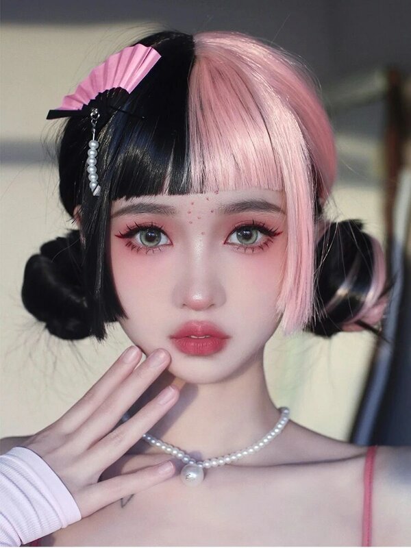 Perücke weiblich langes Haar Lolita rosa schwarz Doppel kampf Yin und Yang Kopf Halloween Cos Haar Dopamin Perücke Vollkopf Perücke