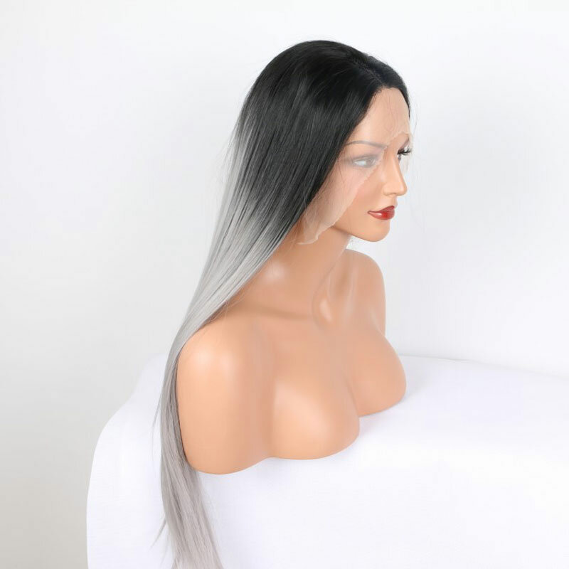Hitam Ombre abu-abu lurus sintetis 13X4 renda depan wig tanpa lem tahan panas serat rambut alami untuk Fashion wanita wig