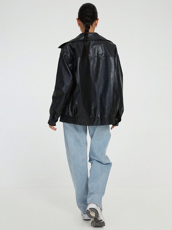 KMBANGI 여성용 PU 오버사이즈 재킷, 인조 가죽 재킷, 오토바이 모토 바이커 코트, 헐렁한 외투, 가죽 패션