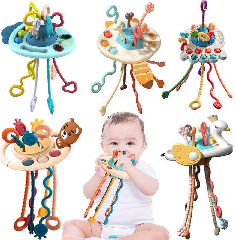 Juguete de actividad de desarrollo, sonajero de silicona, cuerda de tracción, juguetes sensoriales Montessori, juguetes educativos de dentición para bebés de 1 a 2 años