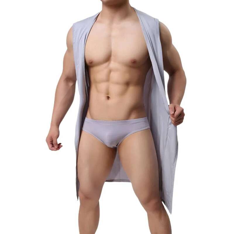 Jubah mandi bertudung pria, piyama sutra tanpa lengan nyaman ultra-tipis pakaian dalam longgar untuk pria