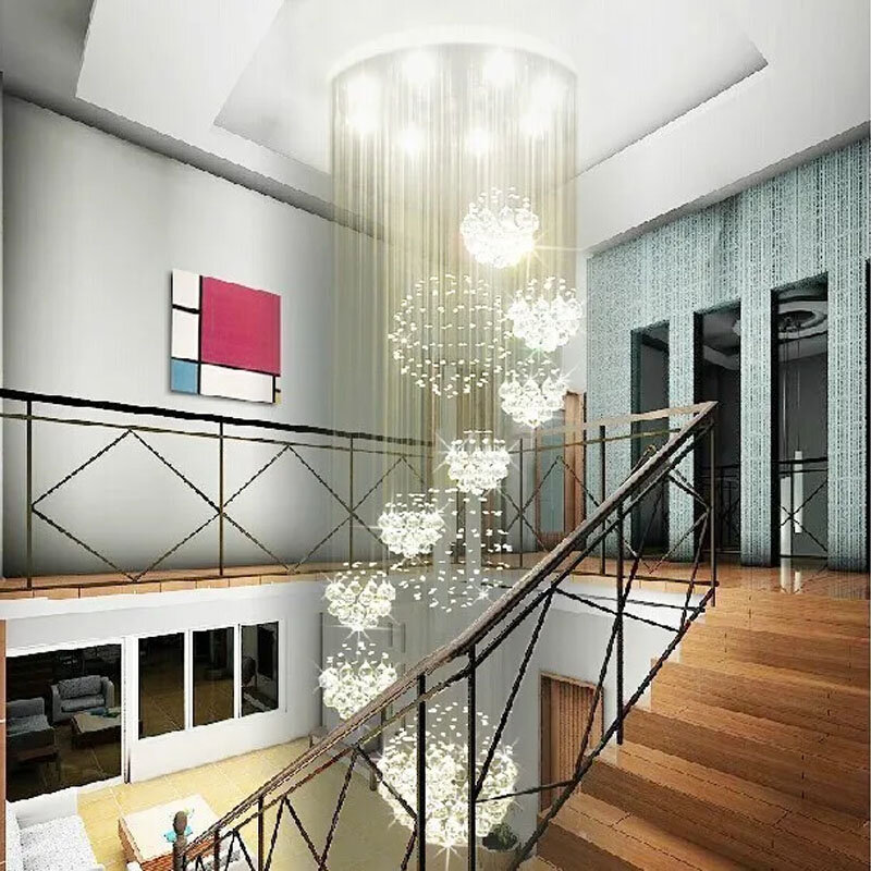 Merden LED 크리스탈 샹들리에 걸이식 램프, 펜트 하우스 바닥 계단 홀, 일시 정지 조명 와이어, 모던 거실
