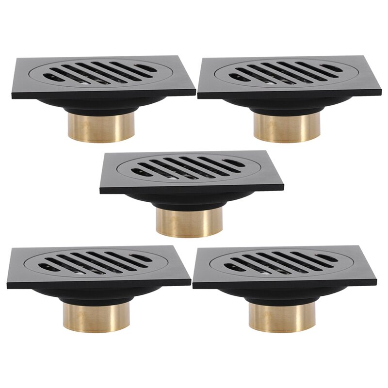 LJL-5Pcs 4 Inch Square Shower Drain With Removable Cover Grate, Brass Anti Clogging Matte Black
