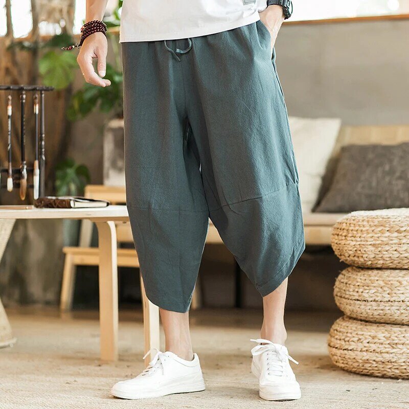 Bawełniane spodnie sportowe spodnie luźne męskie spodnie haremowe z szerokimi nogawkami w stylu Harajuku letnie spodnie do łydek w jednolitym kolorze Streetwear