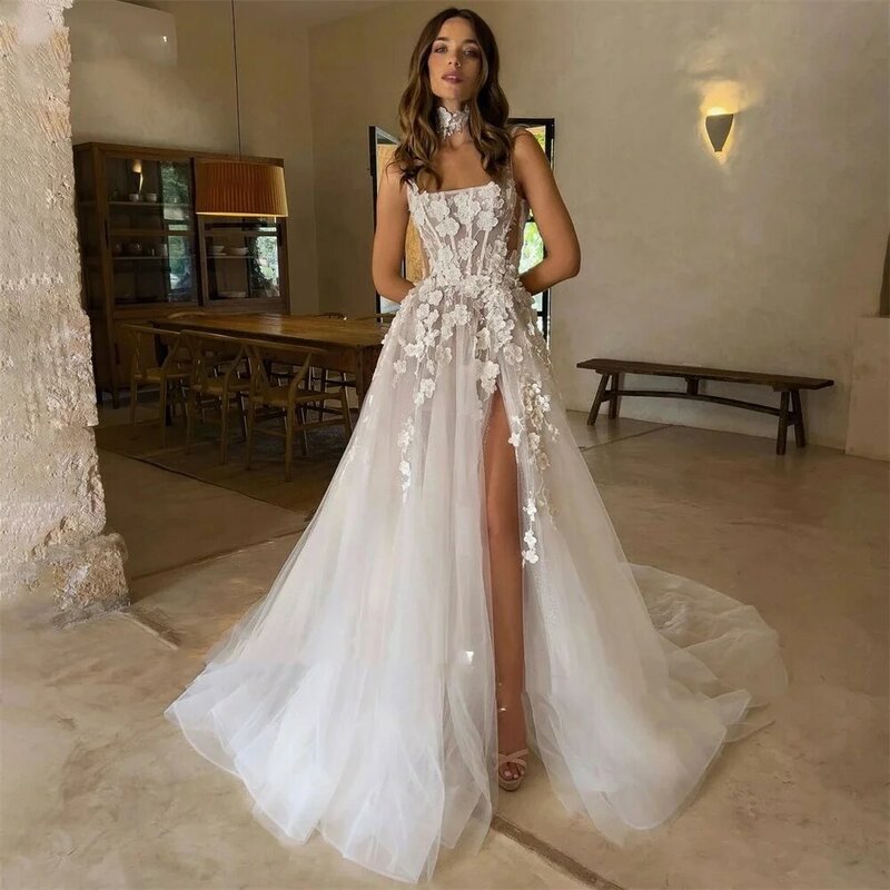 Gaun pernikahan renda elegan seksi belahan samping tinggi bunga 3D bahu terbuka A-Line Bridal Gow untuk wanita ukuran kustom menakjubkan