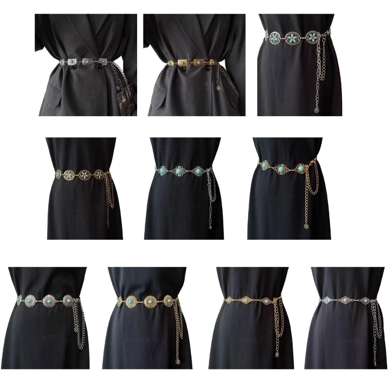Elegant Ladies Alloy Waist Belt Delicate Relief Turquoise Buckle Belt Summer Dress Women Summer Seaside Waist Belt