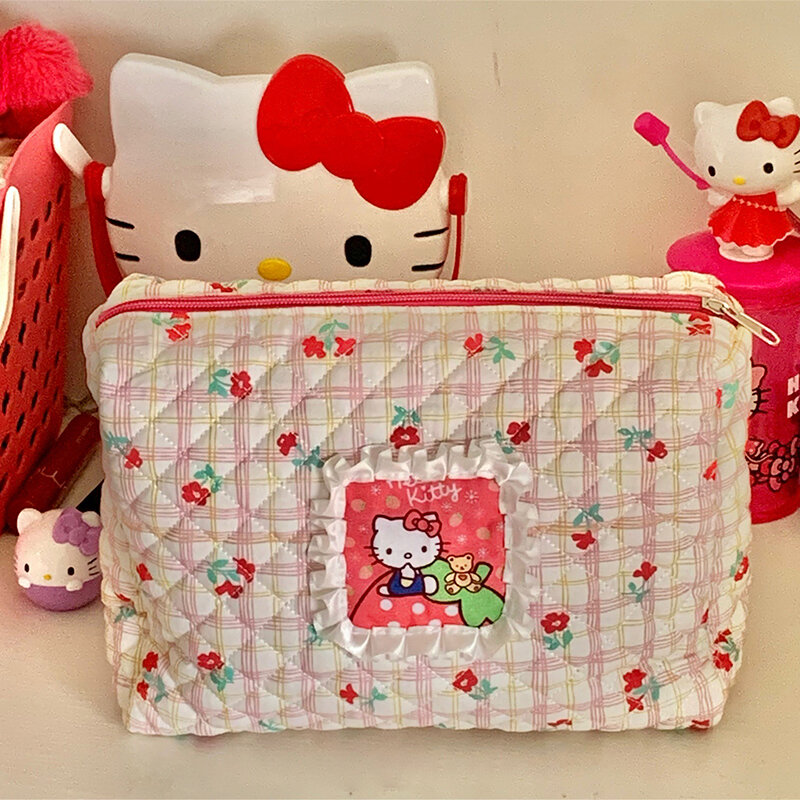 Hello Kitty Sanrio tas kosmetik, Anime Kawaii kartun kecantikan perjalanan Makeup tas perlengkapan mandi tas penyimpanan hadiah Natal anak perempuan