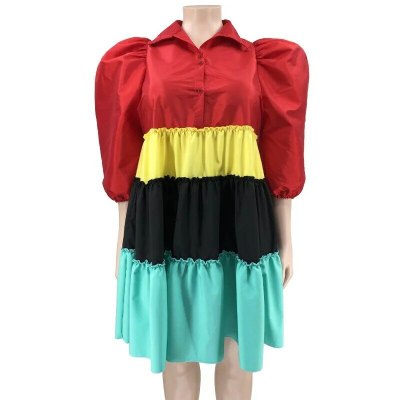 Plus Size Color Patchwork Elegant Loose Short Dress Summer Short Puff Sleeve Casual Dresses Streetwear Fashion Vestidos Robes