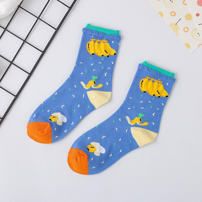 New Product Cartoon Fruit Banana Strawberry Women's Sweet and Casual Mid Length Socks Wholesale Bubble Rib Trendy Socks