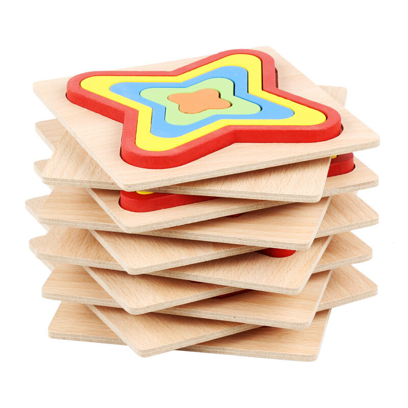 Wooden Geometric Shapes Cognition Puzzle Board 3D Wood Puzzle Toys For Baby Montessori Preschool Learning Toys For Children