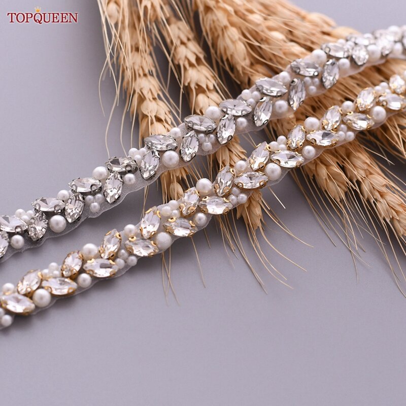 TOPQUEEN Wedding Belts and Sashes Handmade Beaded Belts for Dresses Pearl and Rhinestone Trim SIlver Gold Wedding Belt S383